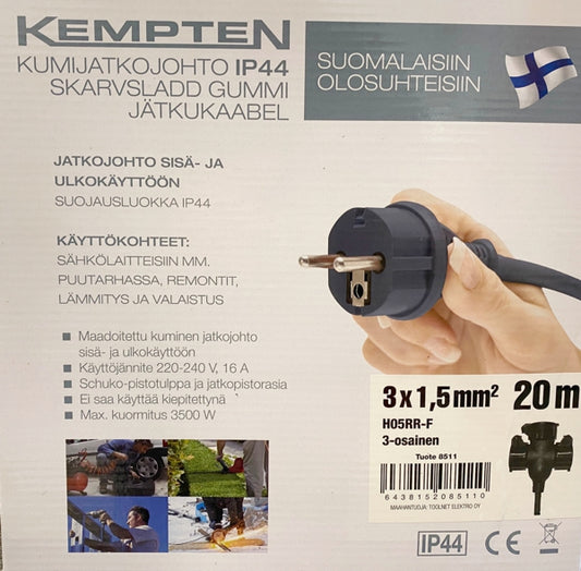 Jatkojohto 20m 3-osainen, 3x1,5mm2